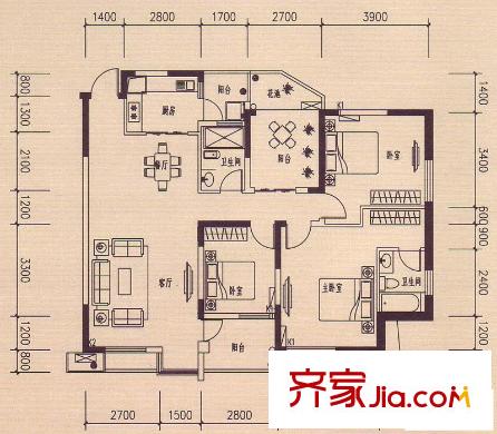 香樟林10#樓J-1戶型 3室2廳2衛(wèi)1廚