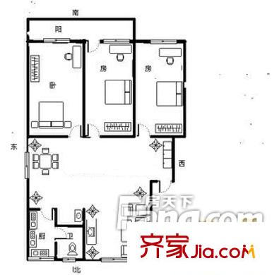 化纖研究所宿舍戶型圖15 3室2廳1衛(wèi)1廚
