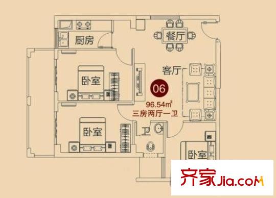 紅林海灣戶型圖三室兩廳一衛(wèi) 3室2廳1衛(wèi)1廚