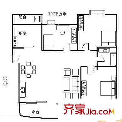 南寧仙葫開(kāi)發(fā)區(qū)管委會(huì)戶型圖1 3室2廳1衛(wèi)1廚