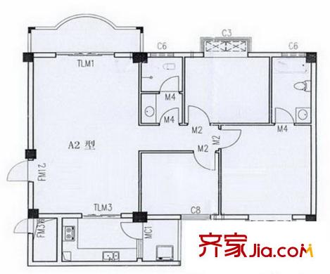 水岸小筑戶型圖A2戶型 3室2廳2衛(wèi)1廚