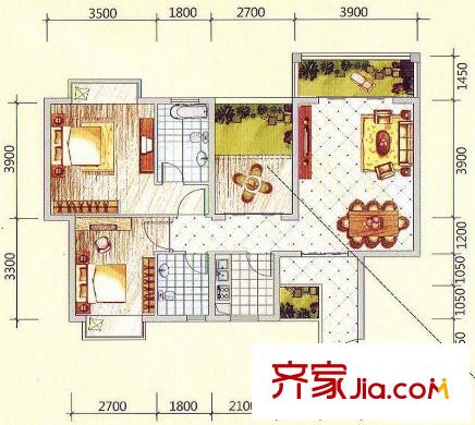 天譽江南花園戶型圖戶型1 2室2廳2衛(wèi)1廚