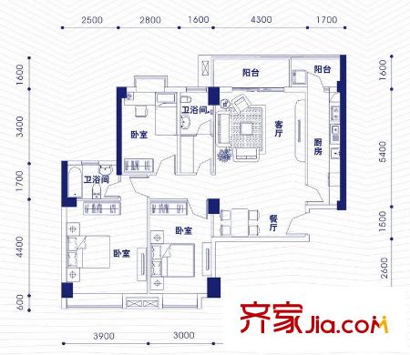 融昌邕江銀座戶型圖銀座3號1-05戶型 3室2廳2衛(wèi)1廚
