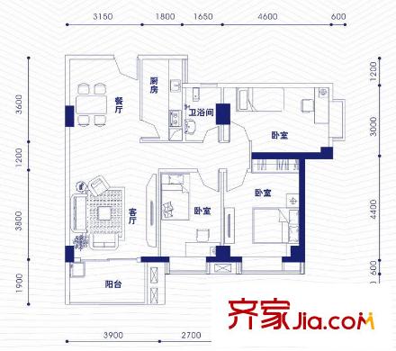 融昌邕江銀座戶型圖銀座3號2-05戶型 3室2廳1衛(wèi)1廚