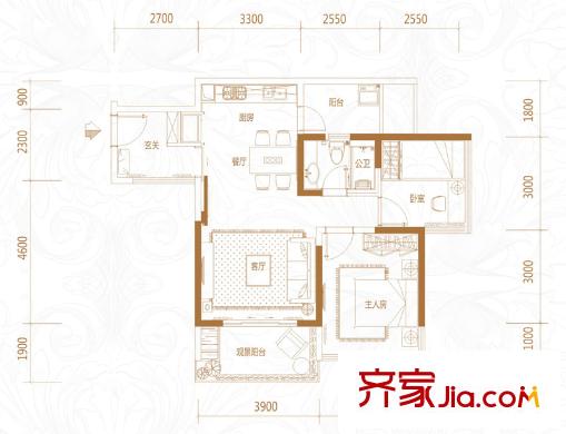 盛天東郡|天禧1#樓2單元02戶型 2室2廳1衛(wèi)1廚