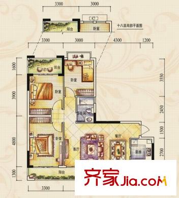 皇庭御瓏灣戶型圖B1戶型 3室2廳1衛(wèi)1廚