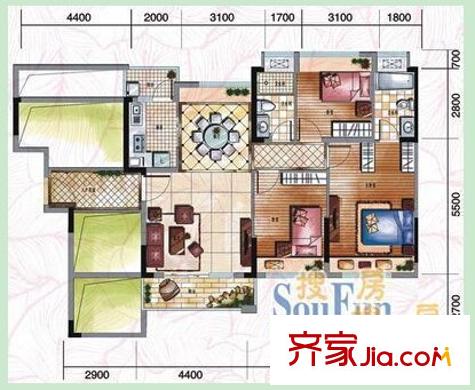 廣西區(qū)第一勞教所宿舍戶型圖2 3室2廳2衛(wèi)1廚