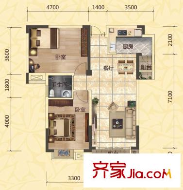 第一大道東方華府戶型圖B-03戶型 2室2廳1衛(wèi)1廚