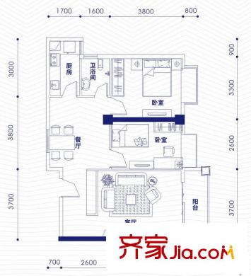 融昌邕江銀座戶型圖銀座3號2-02戶型 2室2廳1衛(wèi)1廚