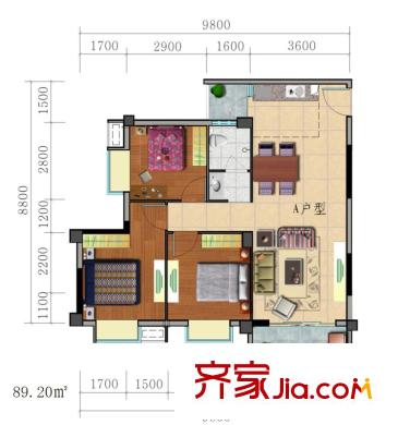 香堤雅院戶型圖2#樓A戶型 3室2廳1衛(wèi)1廚