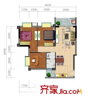 香堤雅院戶型圖2#樓A1戶型 3室2廳1衛(wèi)1廚