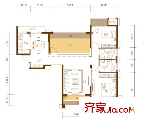 中海雍翠峰裝修后E戶型 2室2廳2衛(wèi)1廚