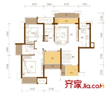 中海雍翠峰裝修后C戶型 2室2廳2衛(wèi)1廚