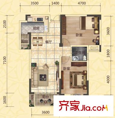 第一大道東方華府戶型圖B-02戶型 2室2廳1衛(wèi)1廚