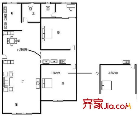 華西路單位房 3室 戶型圖