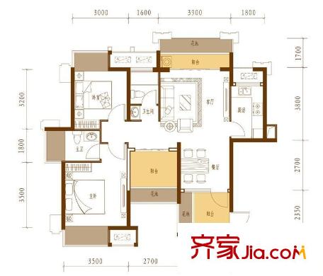 中海雍翠峰裝修后C戶型 2室2廳1衛(wèi)1廚