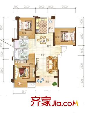 中海雍翠峰裝修后D戶型 3室2廳2衛(wèi)1廚