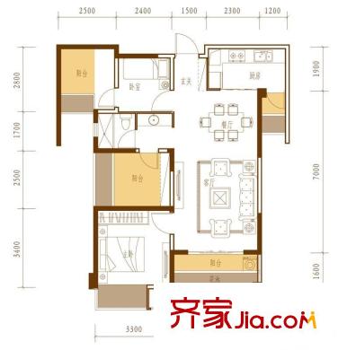 中海雍翠峰裝修后B戶型 2室2廳1衛(wèi)1廚