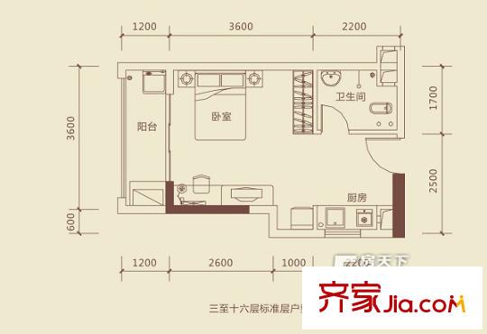 龍光陽光海岸29號樓B戶型 1室1廳1衛(wèi)1廚