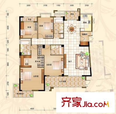 領(lǐng)世郡1號戶型圖1#樓A戶型 4室2廳3衛(wèi)1廚
