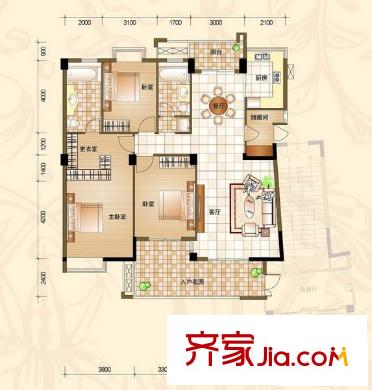 領(lǐng)世郡1號戶型圖1#樓B戶型 3室2廳2衛(wèi)1廚