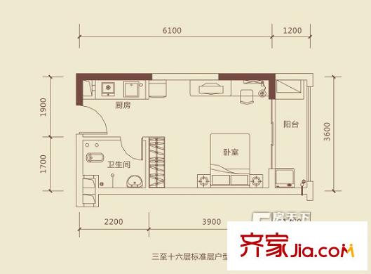 龍光陽光海岸29號樓E戶型 1室1廳1衛(wèi)1廚