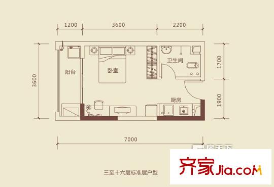 龍光陽光海岸29號樓B戶型 1室1廳1衛(wèi)1廚