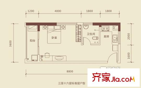 龍光陽光海岸29號樓A戶型 1室1廳1衛(wèi)1廚