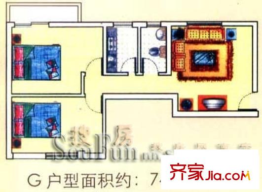 東葛華都戶型圖G戶型 2室1廳1衛(wèi)1廚
