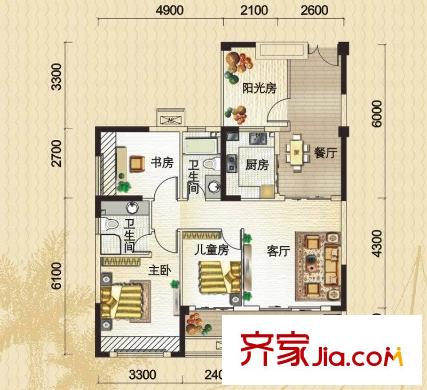隆源國際公館戶型圖6#7#8#201-2601 A3戶型 2室2廳2衛(wèi)