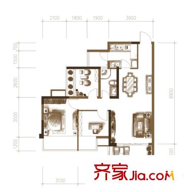 紅日山湖9#11#樓1單元01/2單元02戶型 3室2廳1衛(wèi)1廚