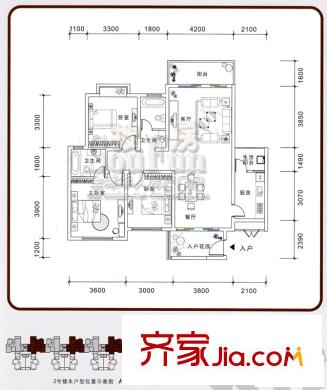 A派公館戶型圖J戶型 3室2廳2衛(wèi)1廚