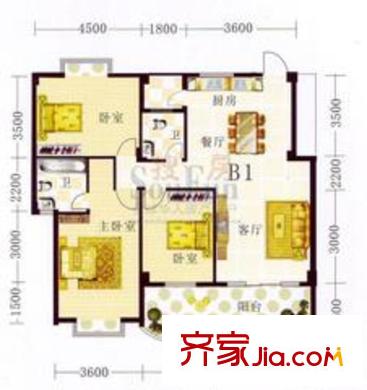 山水方園戶型圖四、五號樓B1 3室2廳
