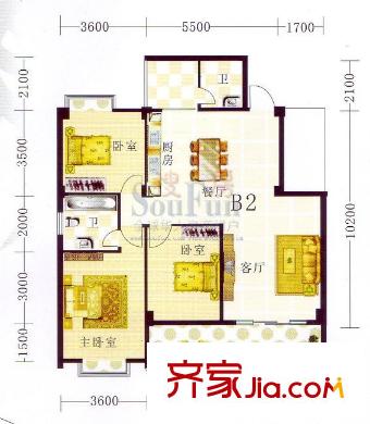 山水方園戶型圖四、五號樓B2 3室2廳