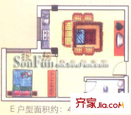 東葛華都戶型圖E戶型 1室1廳1衛(wèi)1廚
