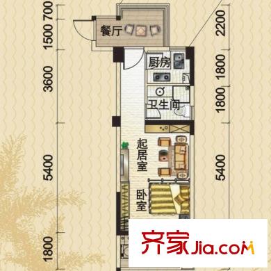 隆源國際公館戶型圖5#1單元401-1701/2單元406-1706 J戶型 1室1廳1衛(wèi)1廚