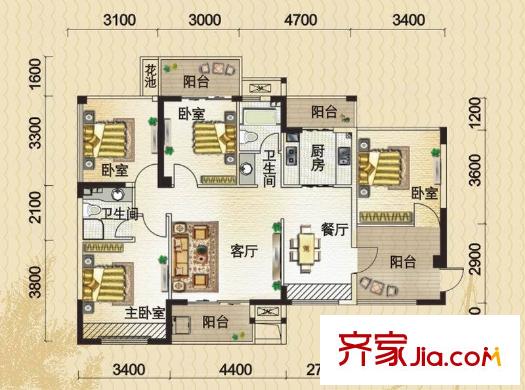 隆源國際公館戶型圖6#7#8#203-3603 B3戶型 2室2廳2衛(wèi)