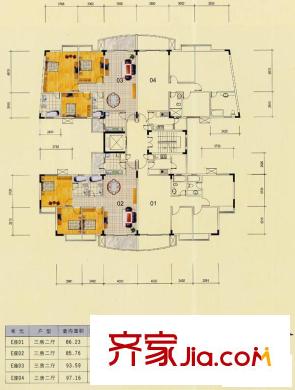 綠城翠堤灣戶(hù)型圖E座 3室2廳1衛(wèi)1廚