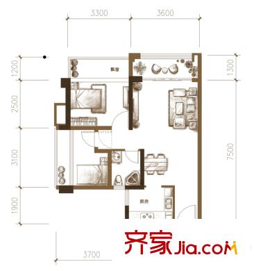 紅日山湖9#11#樓1單元、2單元05/06戶型 2室2廳1衛(wèi)1廚