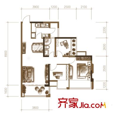 紅日山湖9#11#樓1單元02/2單元01戶型 3室2廳1衛(wèi)1廚