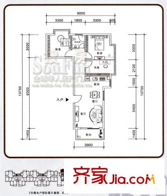 A派公館戶型圖E戶型 3室2廳1衛(wèi)1廚
