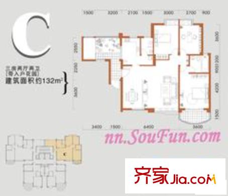 南湖國(guó)際廣場(chǎng)戶型圖C 3室2廳2衛(wèi)1廚