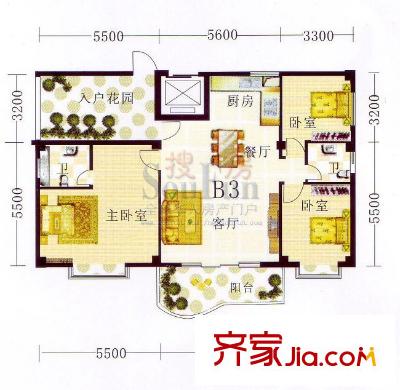 山水方園戶型圖四、五號樓B3 3室2廳