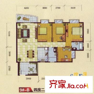 皇龍新城戶型圖9#-B 4室2廳2衛(wèi)1廚