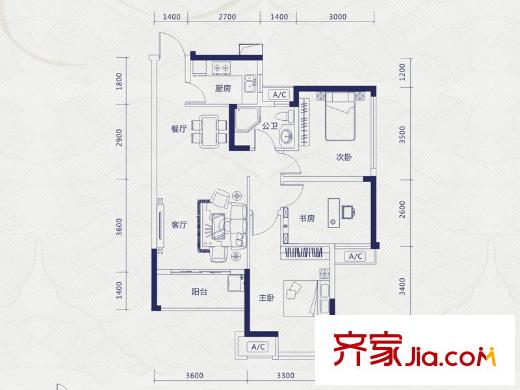 中海御湖熙岸7#樓A戶型 3室2廳1衛(wèi)1廚