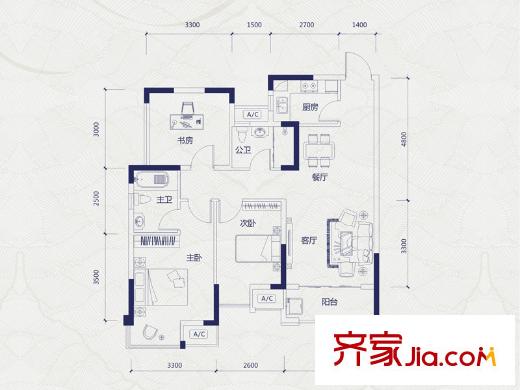 中海御湖熙岸7號樓86平米戶型 3室2廳2衛(wèi)1廚