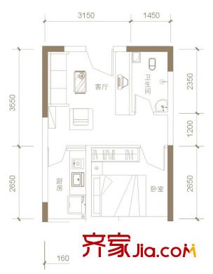 天成一品C區(qū)09戶型 1室1廳1衛(wèi)1廚