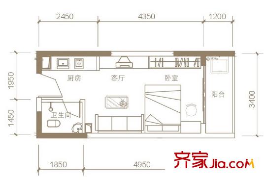 天成一品C區(qū)21戶型 1室1衛(wèi)1廚