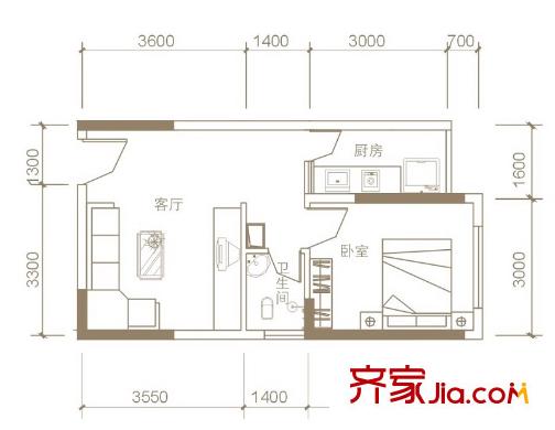天成一品C區(qū)22戶型 1室1衛(wèi)1廚