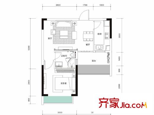裕豐荔園06戶型 1室2廳1衛(wèi)